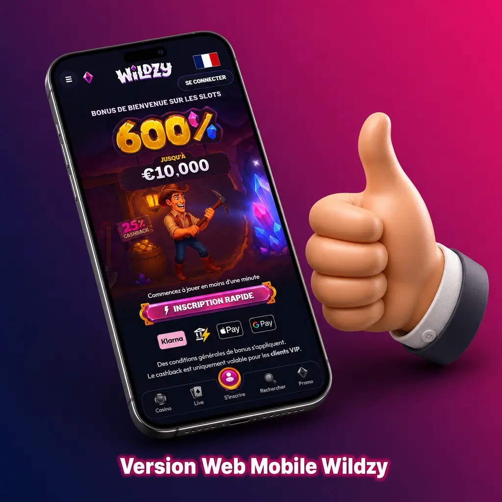 Interface web mobile Wildzy sur smartphone avec accès à plus de 7000 jeux de casino sans installation