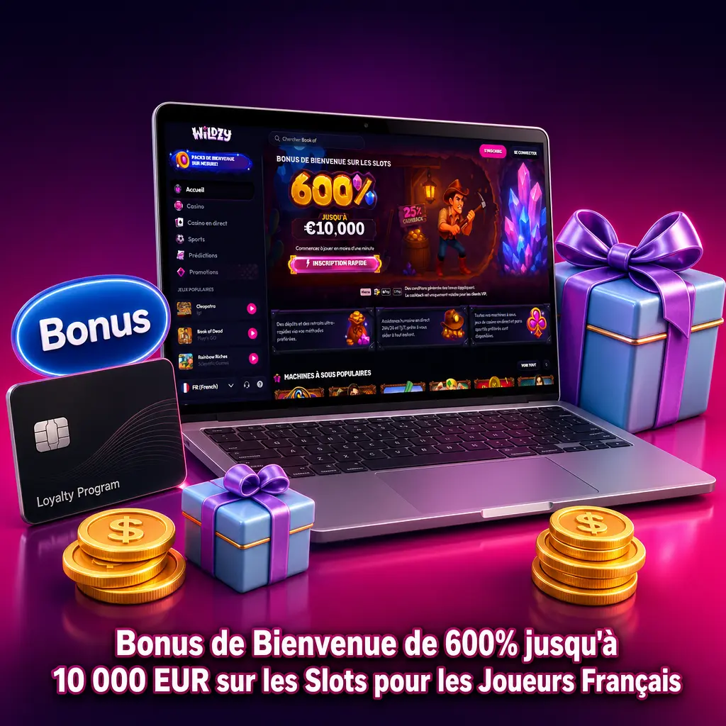 Wildzy bonus de bienvenue 600% jusqu'à 10 000 EUR sur les slots pour joueurs français