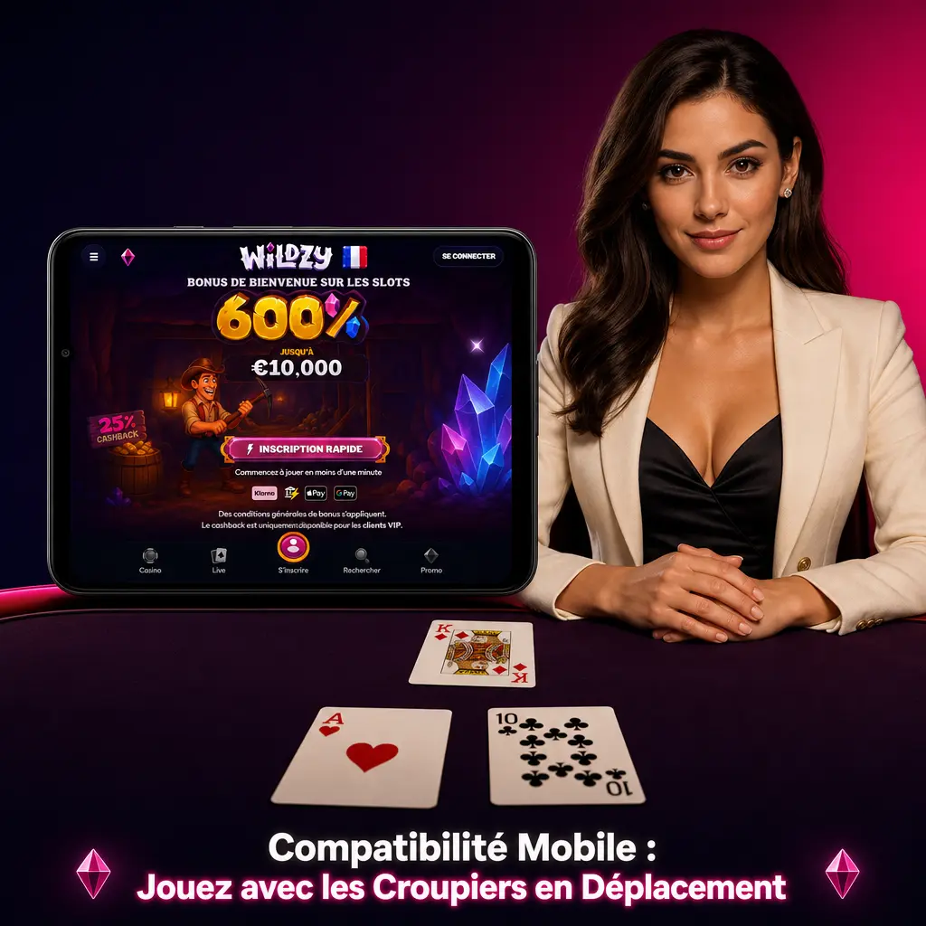 Joueur sur smartphone accédant au casino en direct Wildzy avec croupier en temps réel en déplacement