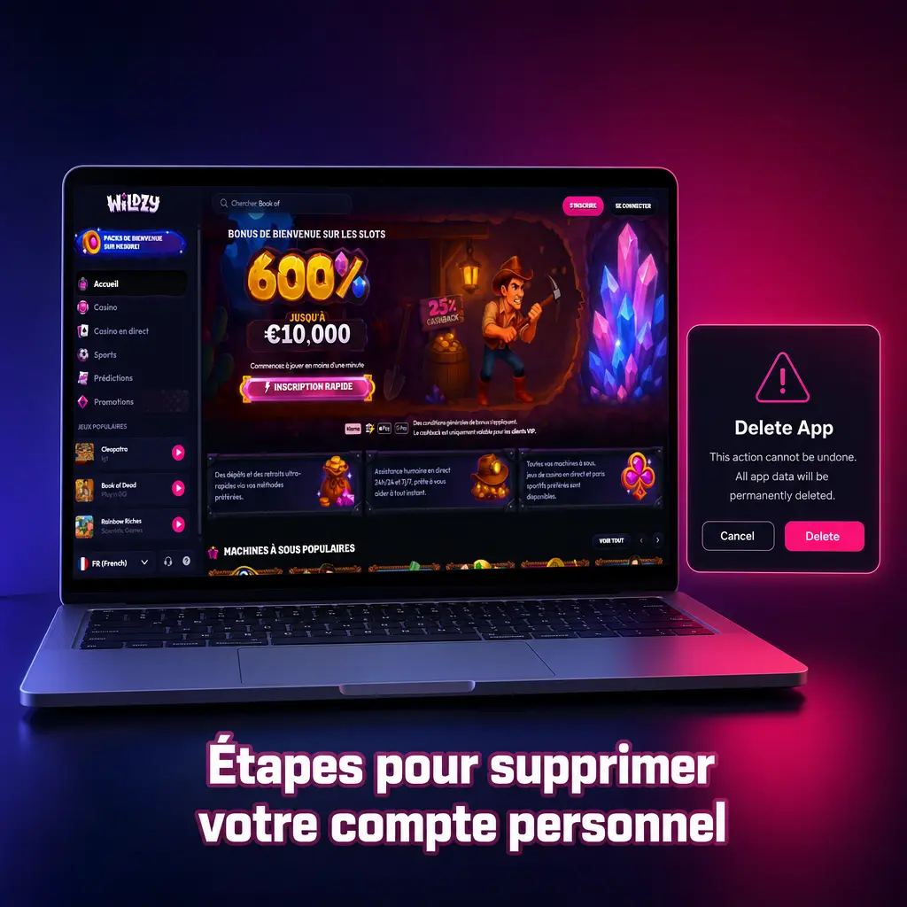 Étapes illustrées pour supprimer un compte personnel sur Wildzy, de la déconnexion à la validation définitive